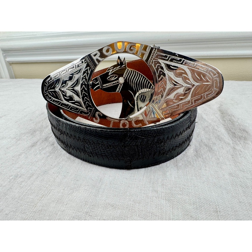 Tony Lama Mens Black Lizard Embossed Leather Western Belt 38" Horse Buckle